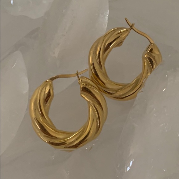 Bold Gold Hoop Earrings, Chunky Gold Hoop Earrings, Twisty Gold Hoop Earrings - Picture 3 of 9
